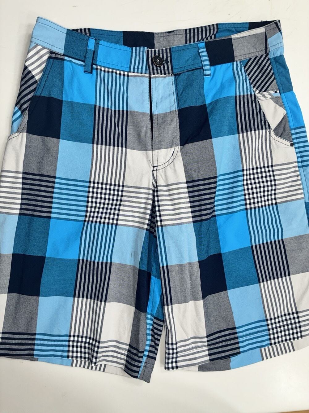 Lululemon Men's Kahuna Golf Shorts 34 blue white gray plaid